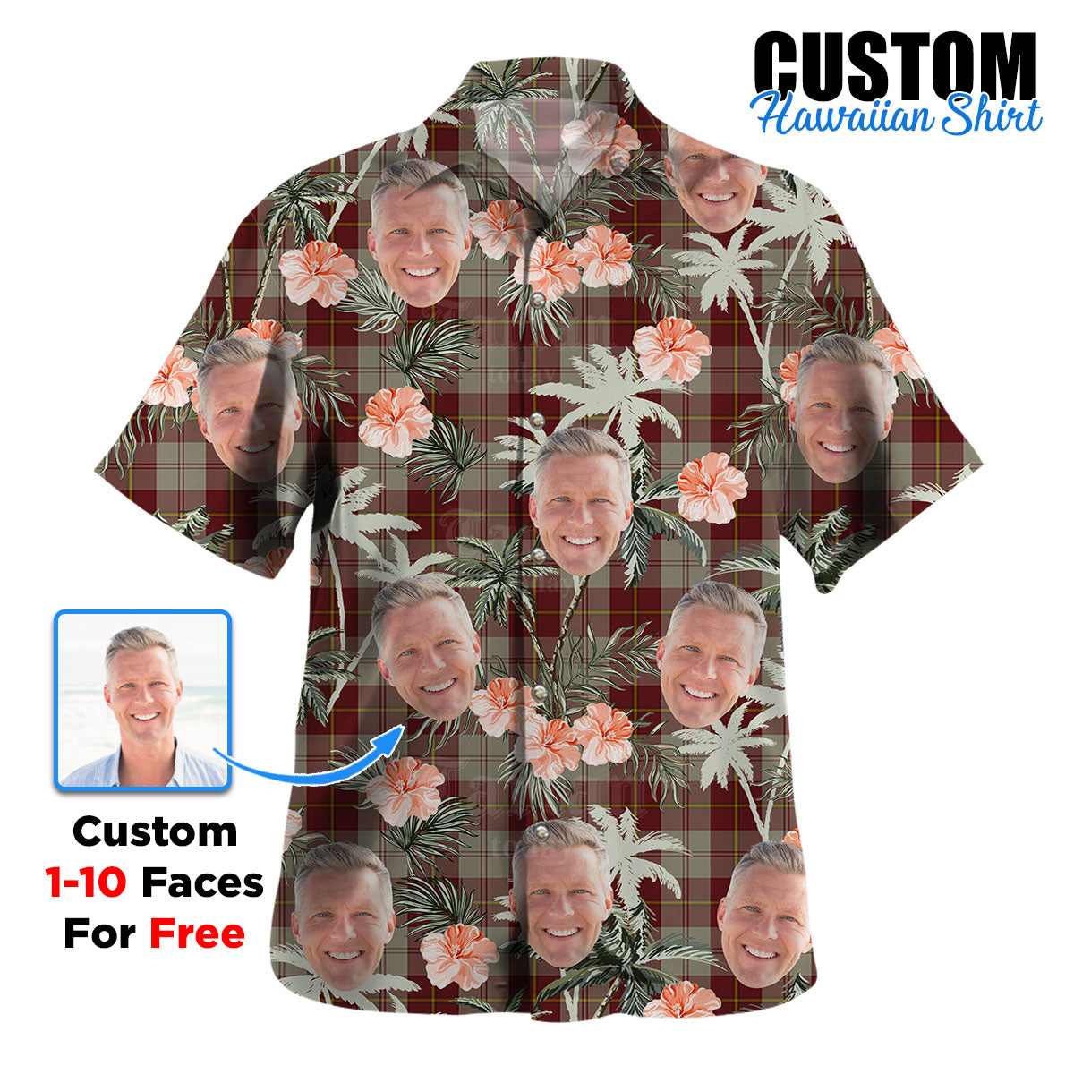 Clan Cunningham Burgundy Dancers Tartan Custom Face Hawaiian Shirt – Unisex Gift for Family Members, Summer Party KQ62 Cunningham Burgundy Dancers Tartan Tartan Hawaii Shirt