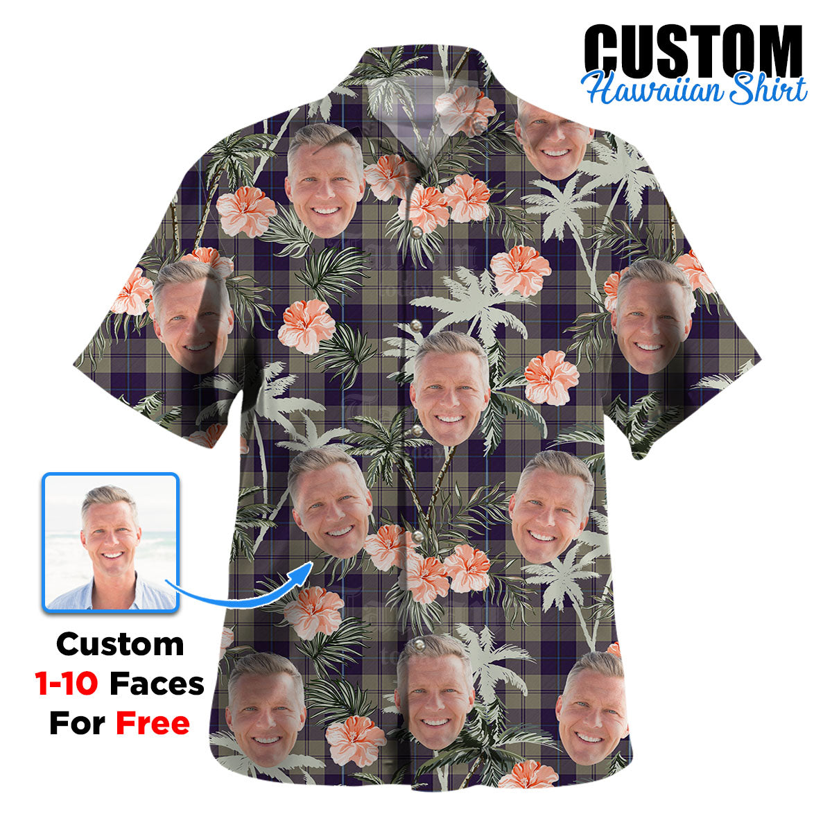Clan Cunningham Dress Blue Dancers Tartan Custom Face Hawaiian Shirt – Unisex Gift for Family Members, Summer Party EN58 Cunningham Dress Blue Dancers Tartan Tartan Hawaii Shirt