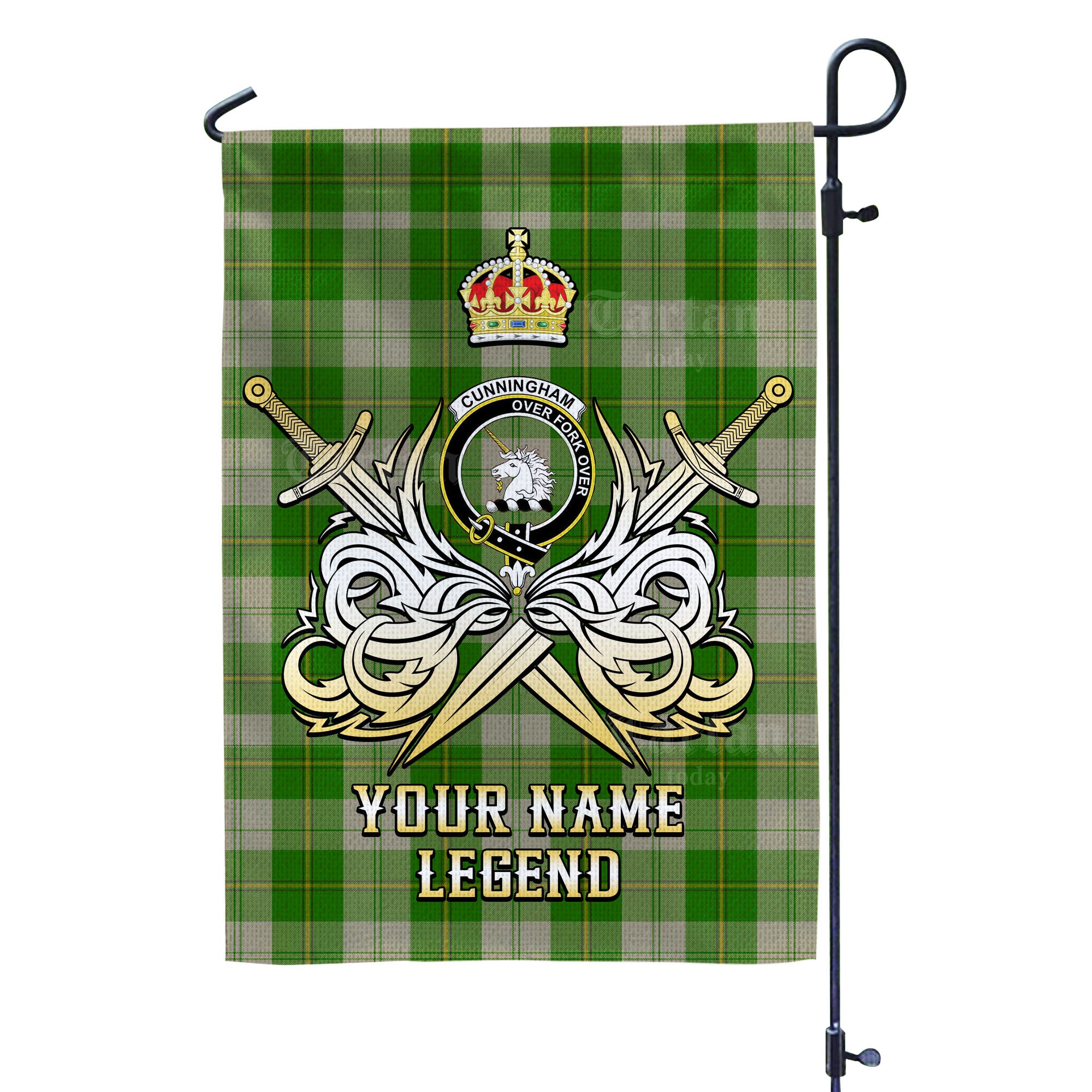 Custom Name Clan Cunningham Dress Green Dancers Tartan Garden Flag with Clan Crest and the Golden Sword of Courageous Legacy WK59