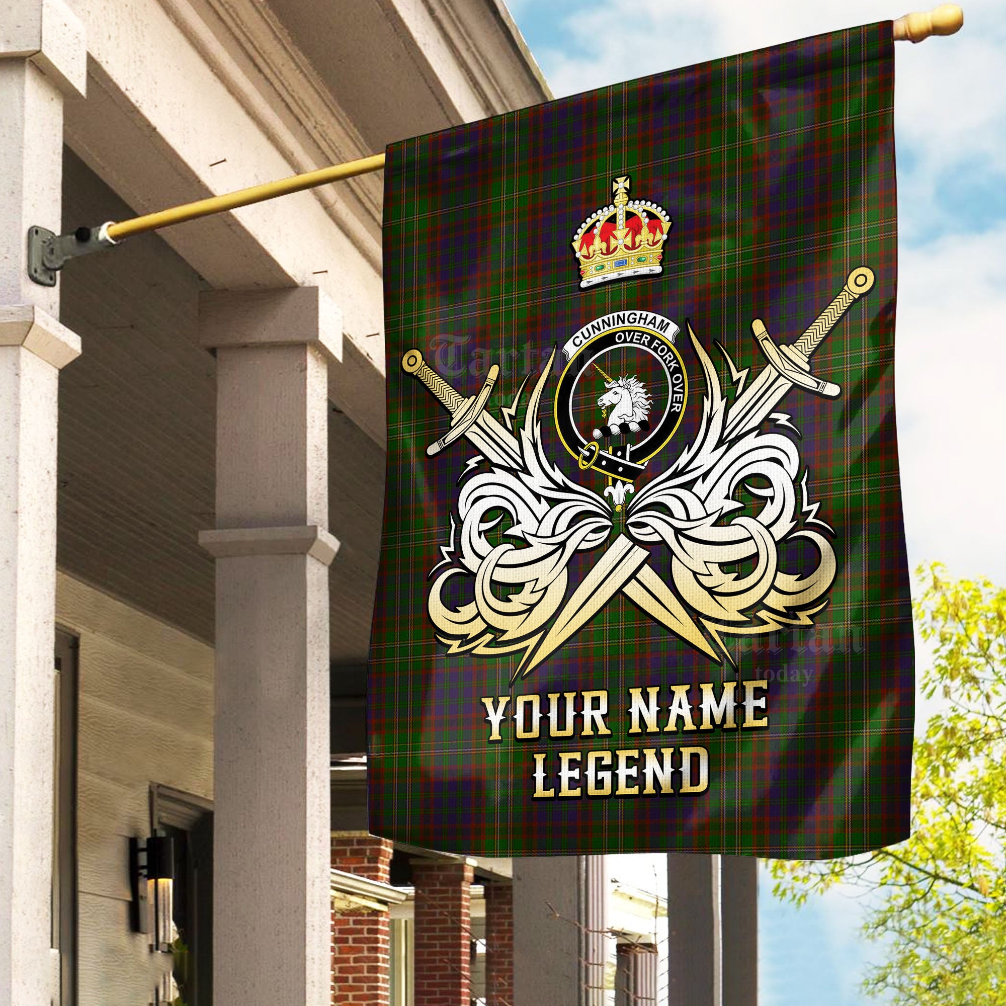 Custom Name Clan Cunningham Hunting Modern Tartan Garden Flag with Clan Crest and the Golden Sword of Courageous Legacy DY30
