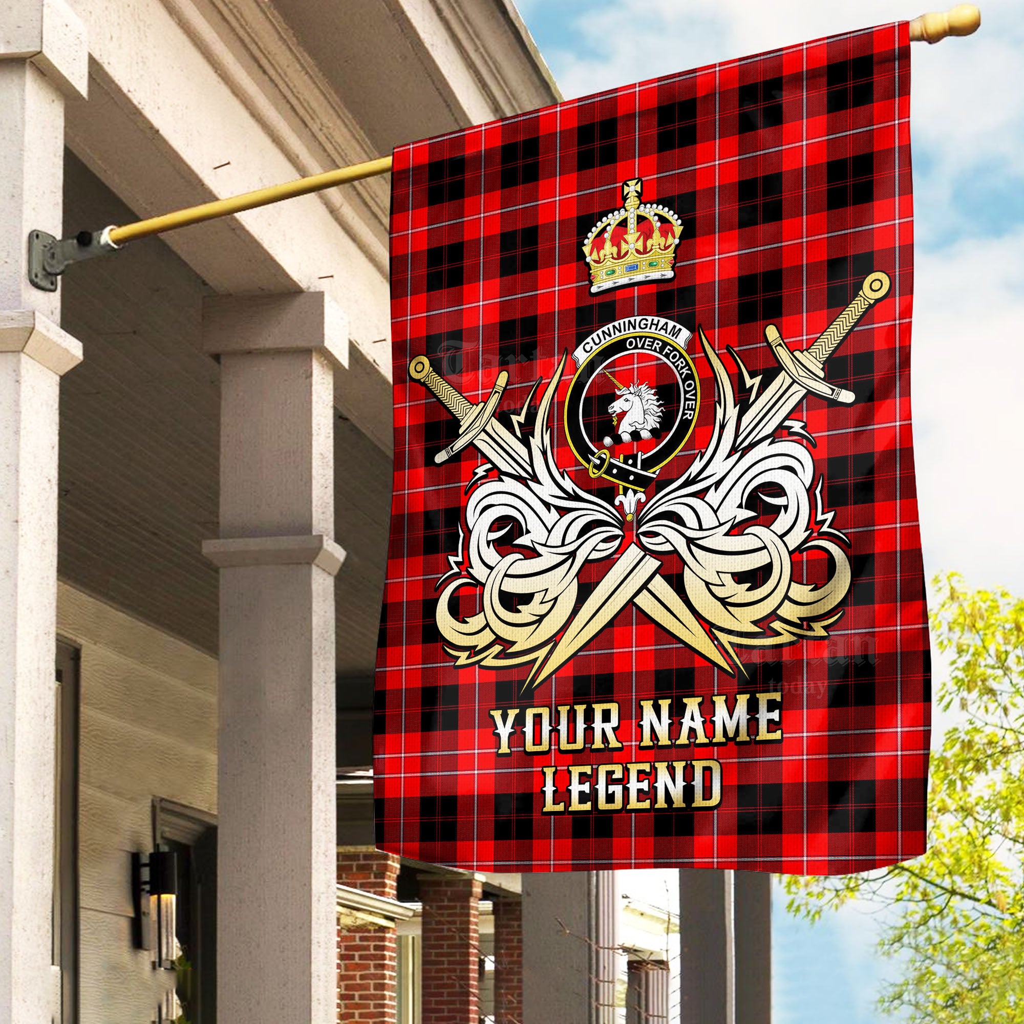 Custom Name Clan Cunningham Modern Tartan Garden Flag with Clan Crest and the Golden Sword of Courageous Legacy NG55