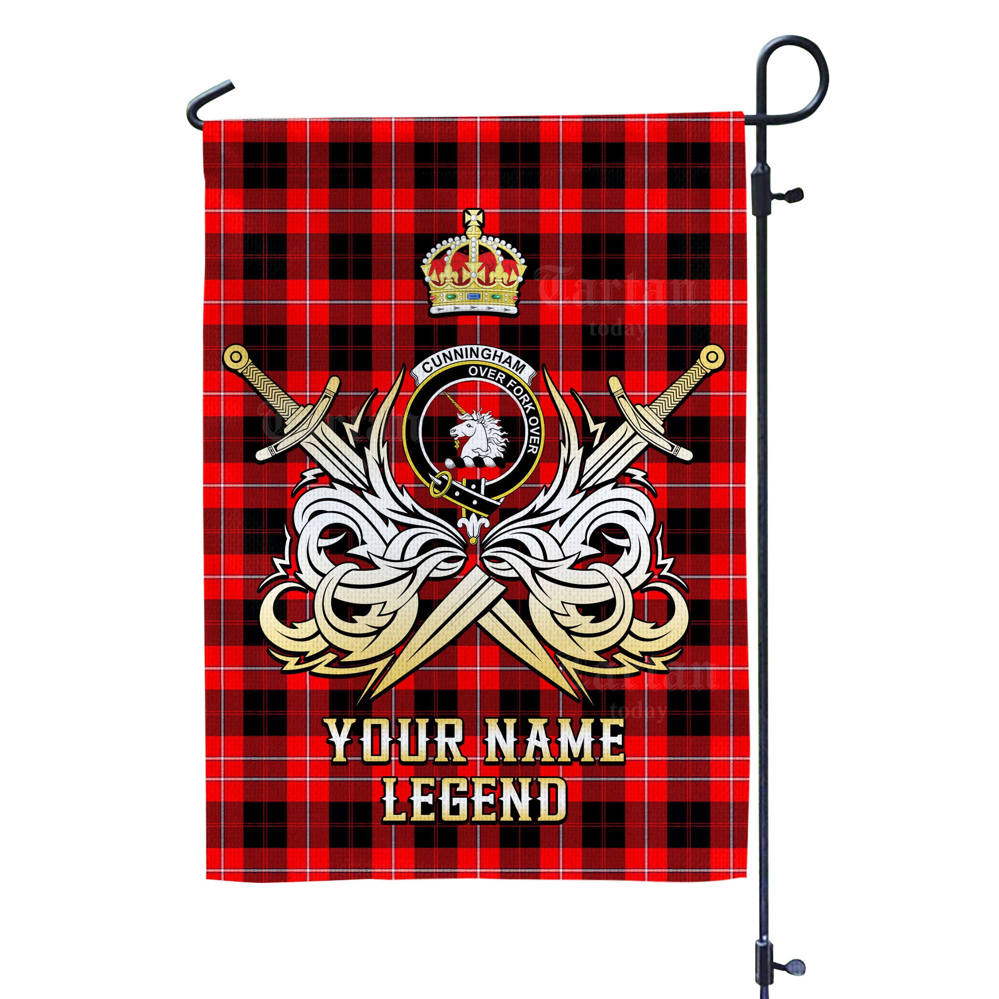 Custom Name Clan Cunningham Modern Tartan Garden Flag with Clan Crest and the Golden Sword of Courageous Legacy NG55