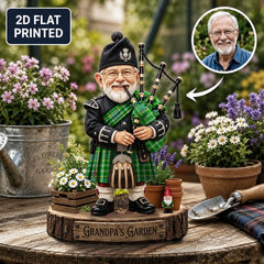 Personalized Currie Clan Bagpipe Garden Gnome Caricature Plaque Custom Photo, Any Clan Tartan, Wood or Acrylic, Grandpa & Dad Gift, Scottish Highland Garden Decor VG85