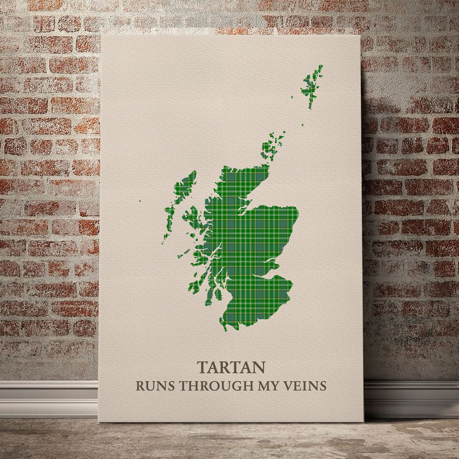 Currie Tartan Scotland Map Canvas – “Tartan Runs Through My Veins” Wall Art
