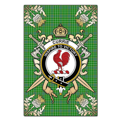 Clan Currie Tartan Crest Black Garden Flag - Gold Thistle
