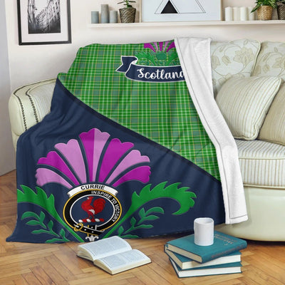 Clan Currie Tartan Crest Premium Blanket Thistle Style