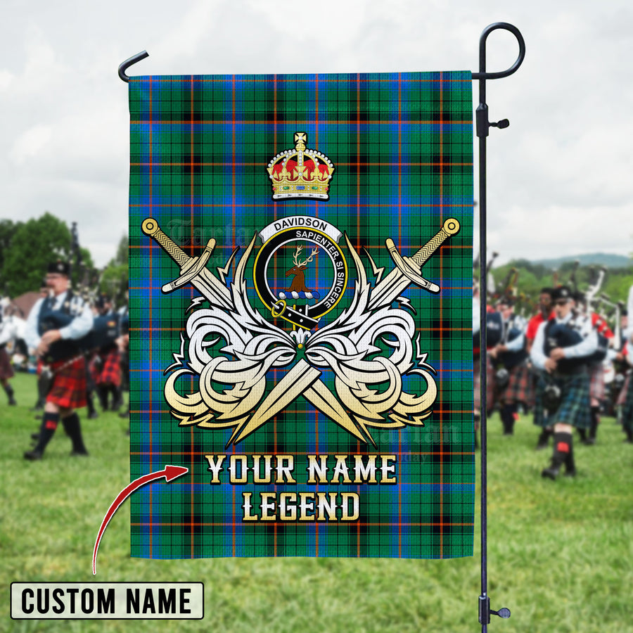 Personalized Custom Name Clan Davidson Ancient Tartan Garden Flag with Clan Crest and the Golden Sword of Courageous Legacy BU88 - Davidson Ancient Tartan Design, Scottish Heritage Gift