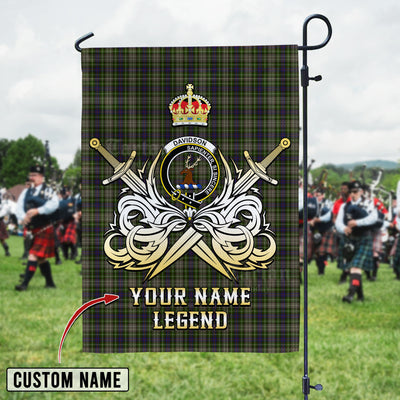 Custom Name Clan Davidson Tulloch Dress Tartan Garden Flag with Clan Crest and the Golden Sword of Courageous Legacy