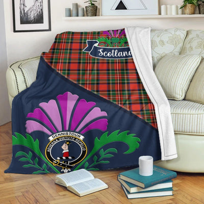 Clan Dennistoun Tartan Crest Premium Blanket Thistle Style