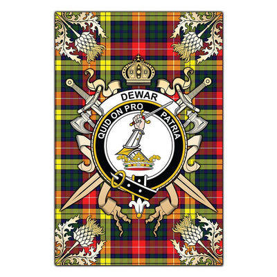 Clan Dewar Tartan Crest Black Garden Flag - Gold Thistle