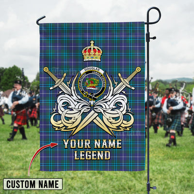 Custom Name Clan Douglas Modern Tartan Garden Flag with Clan Crest and the Golden Sword of Courageous Legacy IH26