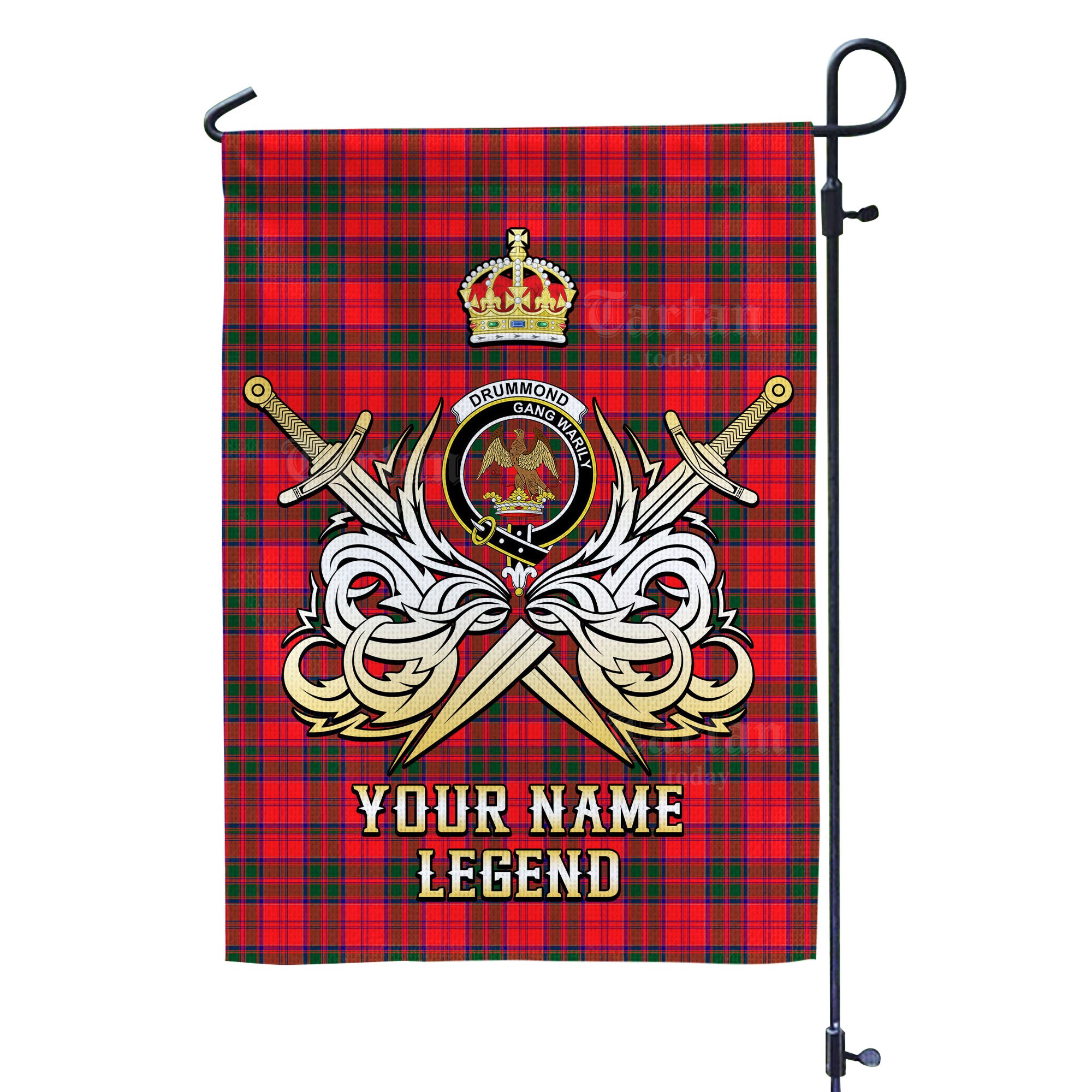 Custom Name Clan Drummond Modern Tartan Garden Flag with Clan Crest and the Golden Sword of Courageous Legacy KE80