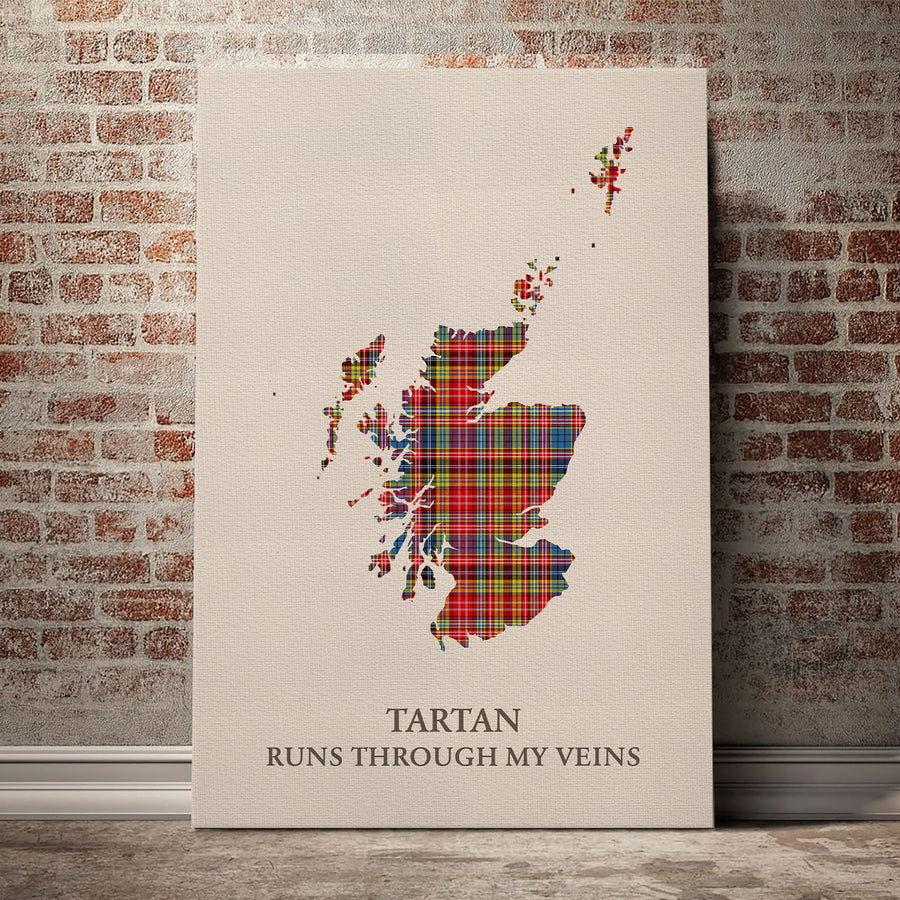 Drummond of Strathallan Tartan Scotland Map Canvas – “Tartan Runs Through My Veins” Wall Art