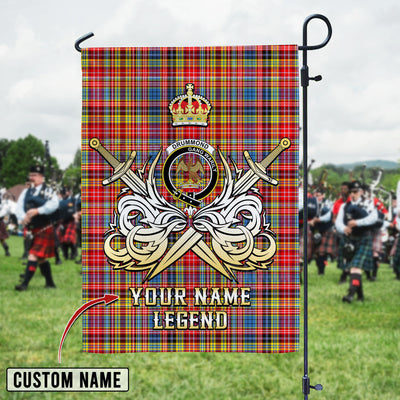 Custom Name Clan Drummond of Strathallan Tartan Garden Flag with Clan Crest and the Golden Sword of Courageous Legacy