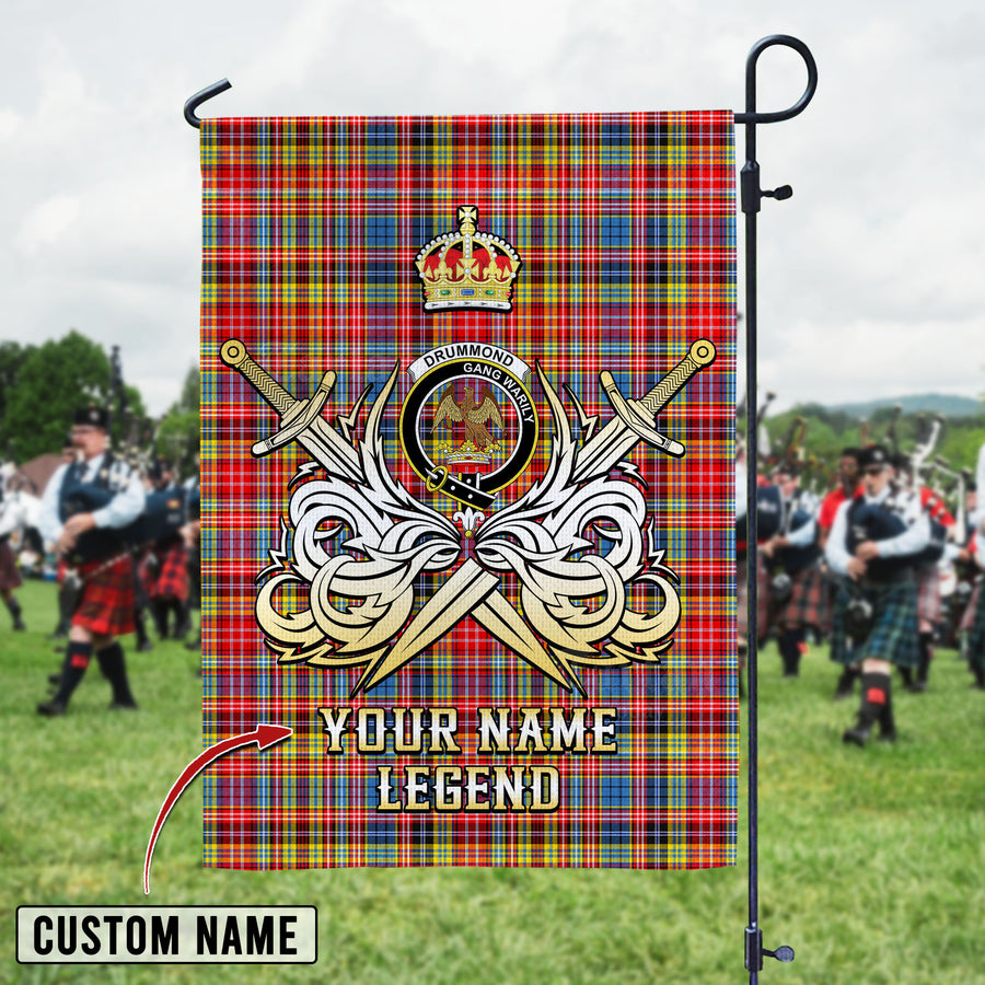 Personalized Custom Name Clan Drummond of Strathallan Tartan Garden Flag with Clan Crest and the Golden Sword of Courageous Legacy AD91 - Drummond of Strathallan Tartan Design, Scottish Heritage Gift