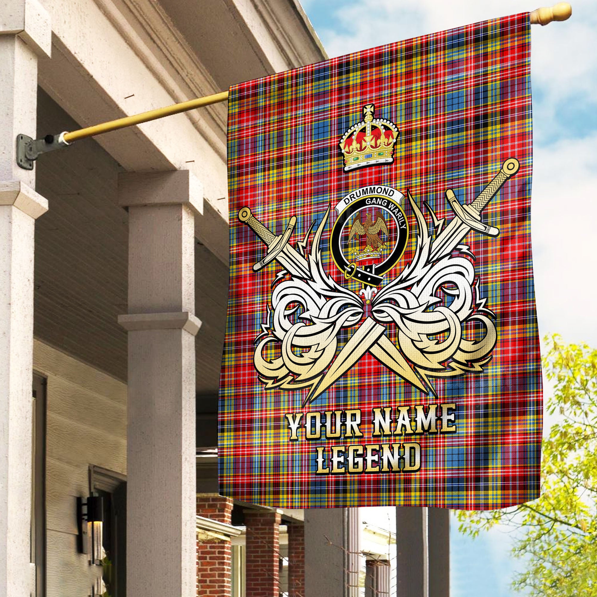 Custom Name Clan Drummond of Strathallan Tartan Garden Flag with Clan Crest and the Golden Sword of Courageous Legacy AD91