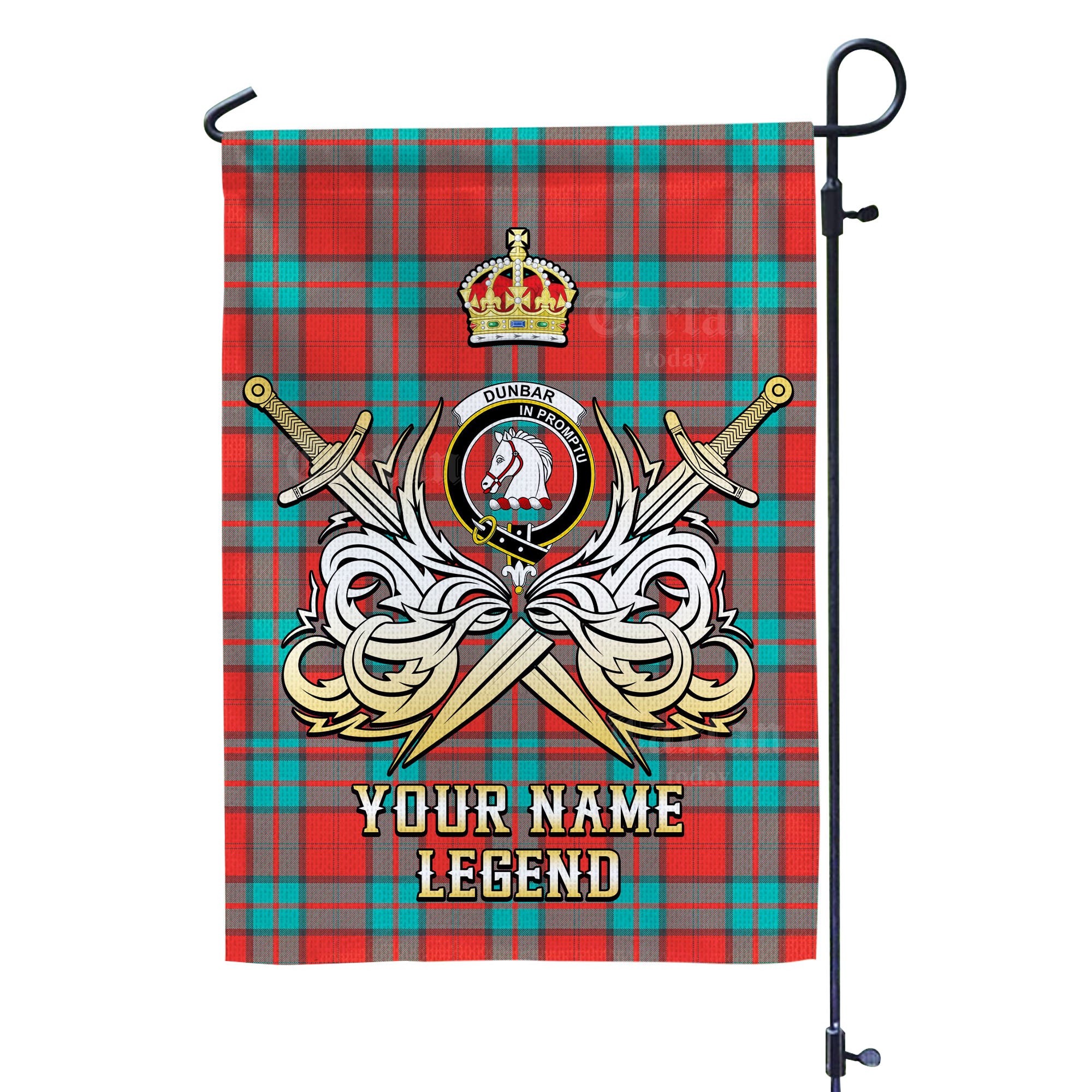 Custom Name Clan Dunbar Ancient Tartan Garden Flag with Clan Crest and the Golden Sword of Courageous Legacy ND61