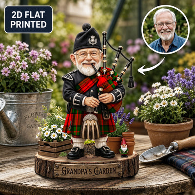 Personalized Dunbar Modern Clan Bagpipe Garden Gnome Caricature Plaque Custom Photo, Any Clan Tartan, Wood or Acrylic, Grandpa & Dad Gift, Scottish Highland Garden Decor GY94