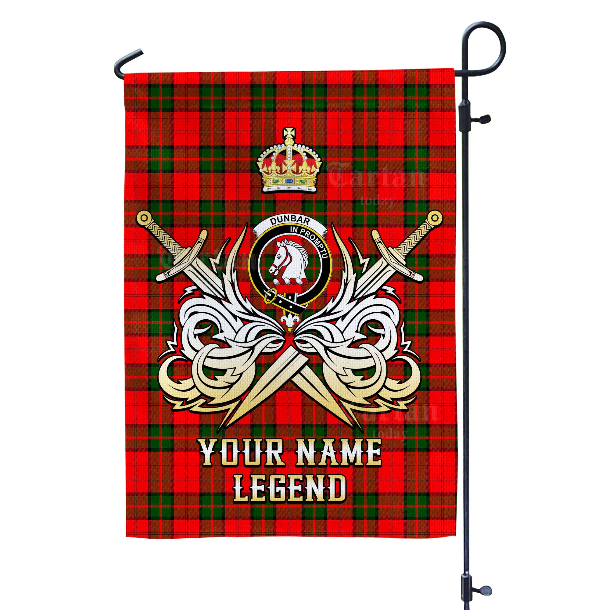 Custom Name Clan Dunbar Modern Tartan Garden Flag with Clan Crest and the Golden Sword of Courageous Legacy SK10
