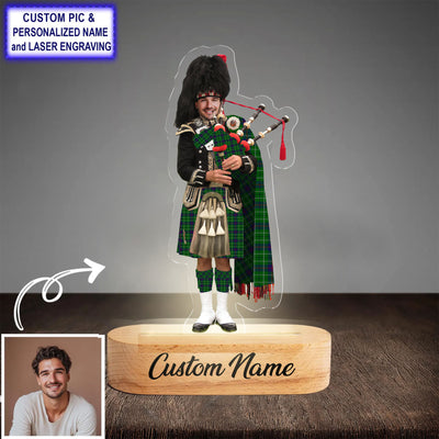 Custom Bagpipe Duncan Modern Tartan LED Night Light - Personalized Scottish Bagpiper Figurine with Wooden Stand