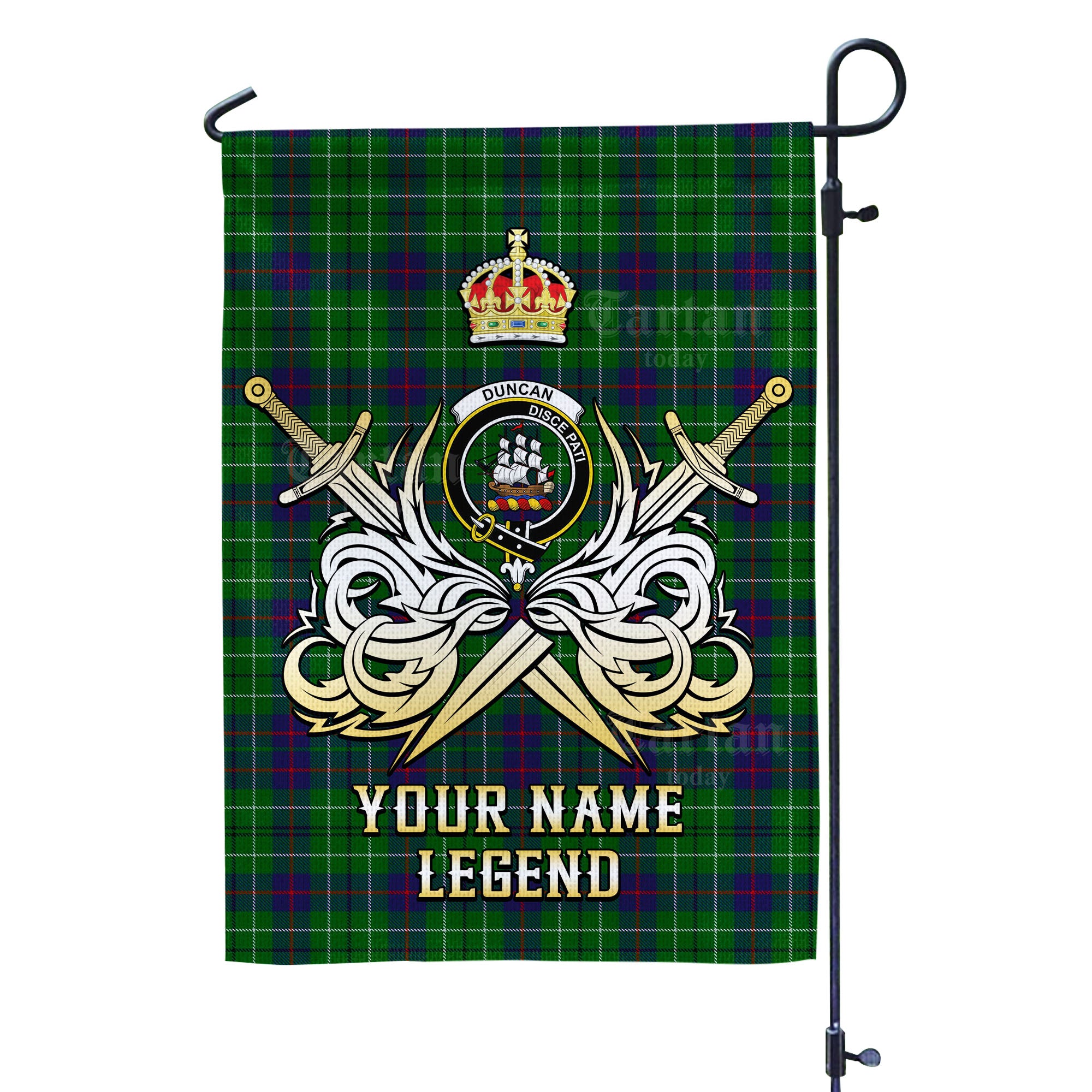 Custom Name Clan Duncan Modern Tartan Garden Flag with Clan Crest and the Golden Sword of Courageous Legacy ZH55