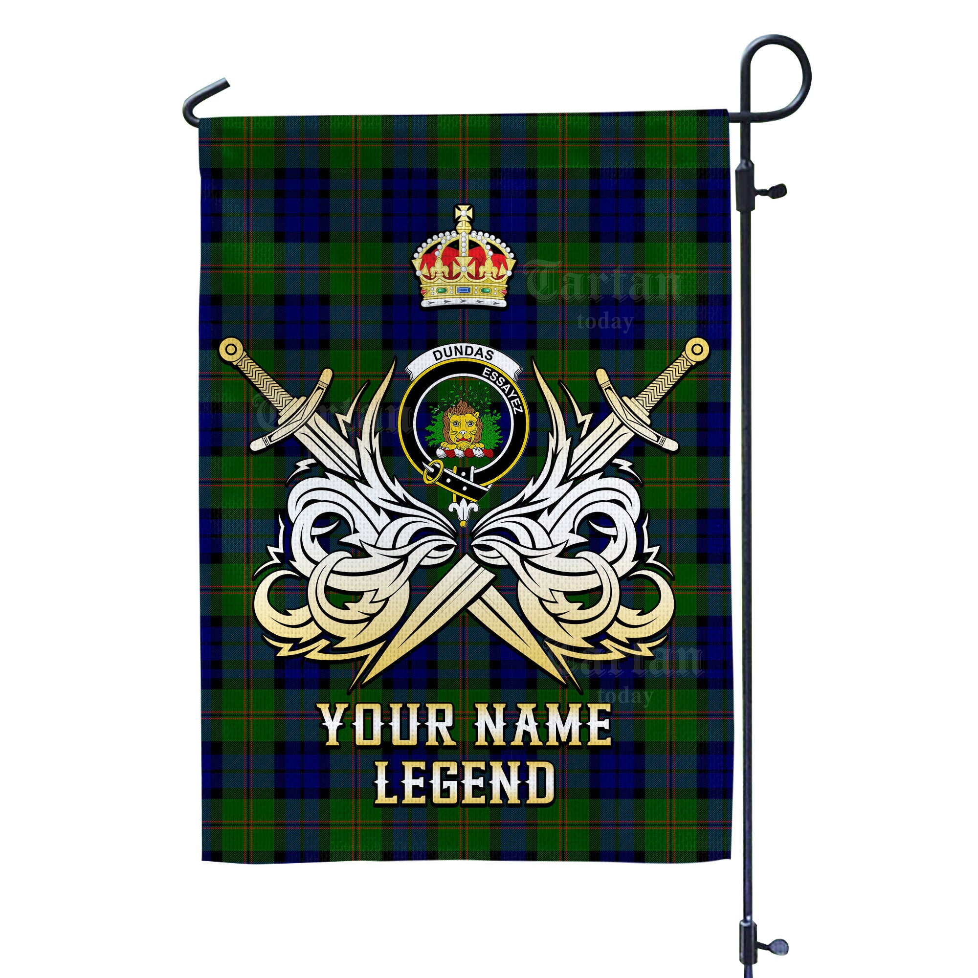 Custom Name Clan Dundas Modern Tartan Garden Flag with Clan Crest and the Golden Sword of Courageous Legacy AO31