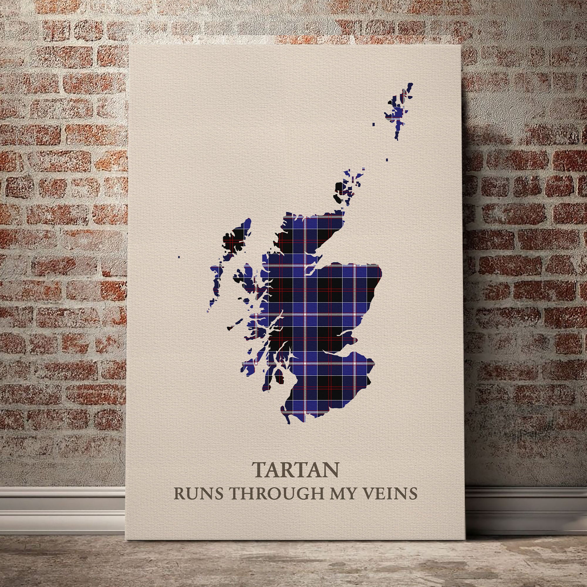 Dunlop Modern Tartan Scotland Map Canvas – “Tartan Runs Through My Veins” Wall Art