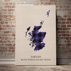 Dunlop Modern Tartan Scotland Map Canvas – “Tartan Runs Through My Veins” Wall Art
