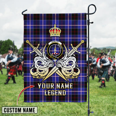 Custom Name Clan Dunlop Modern Tartan Garden Flag with Clan Crest and the Golden Sword of Courageous Legacy