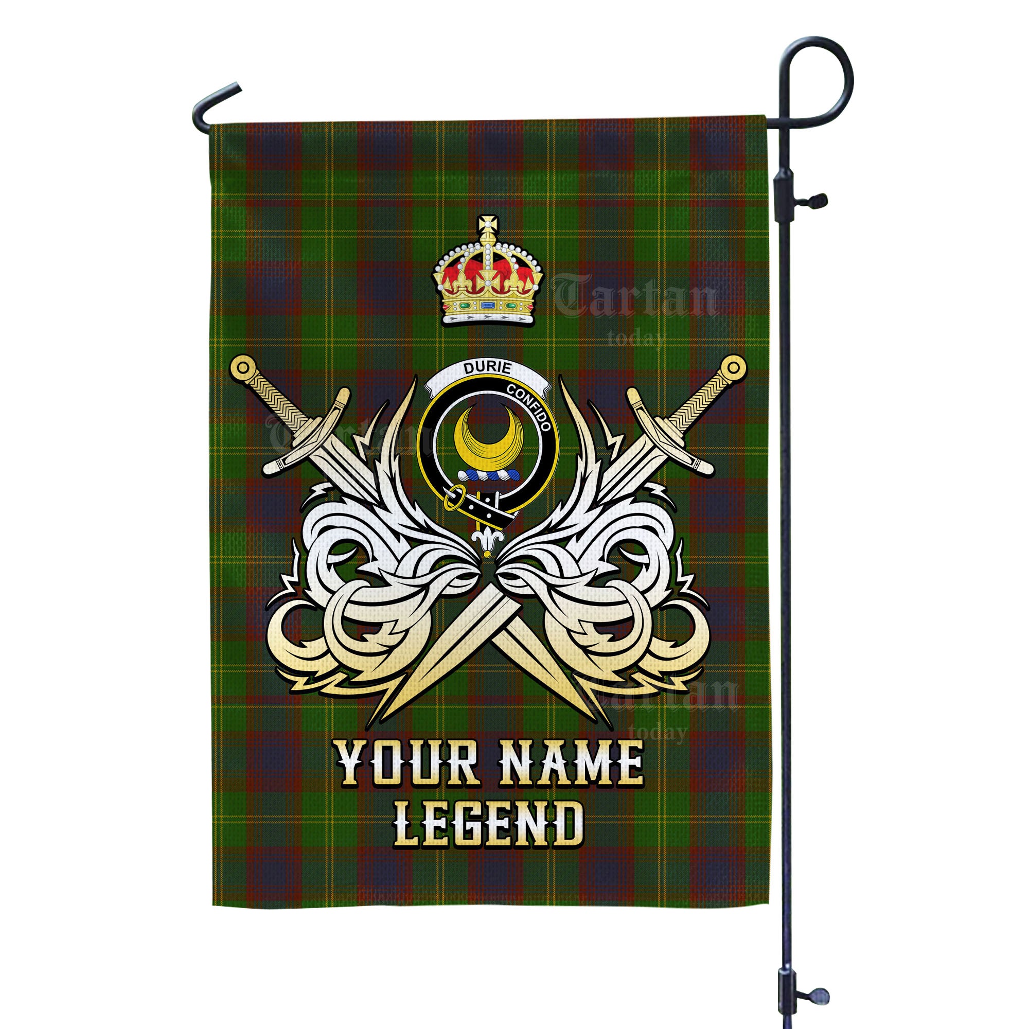 Custom Name Clan Durie Tartan Garden Flag with Clan Crest and the Golden Sword of Courageous Legacy IV63