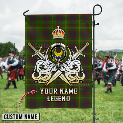 Custom Name Clan Durie Tartan Garden Flag with Clan Crest and the Golden Sword of Courageous Legacy