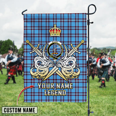 Custom Name Clan Elliot Ancient Tartan Garden Flag with Clan Crest and the Golden Sword of Courageous Legacy