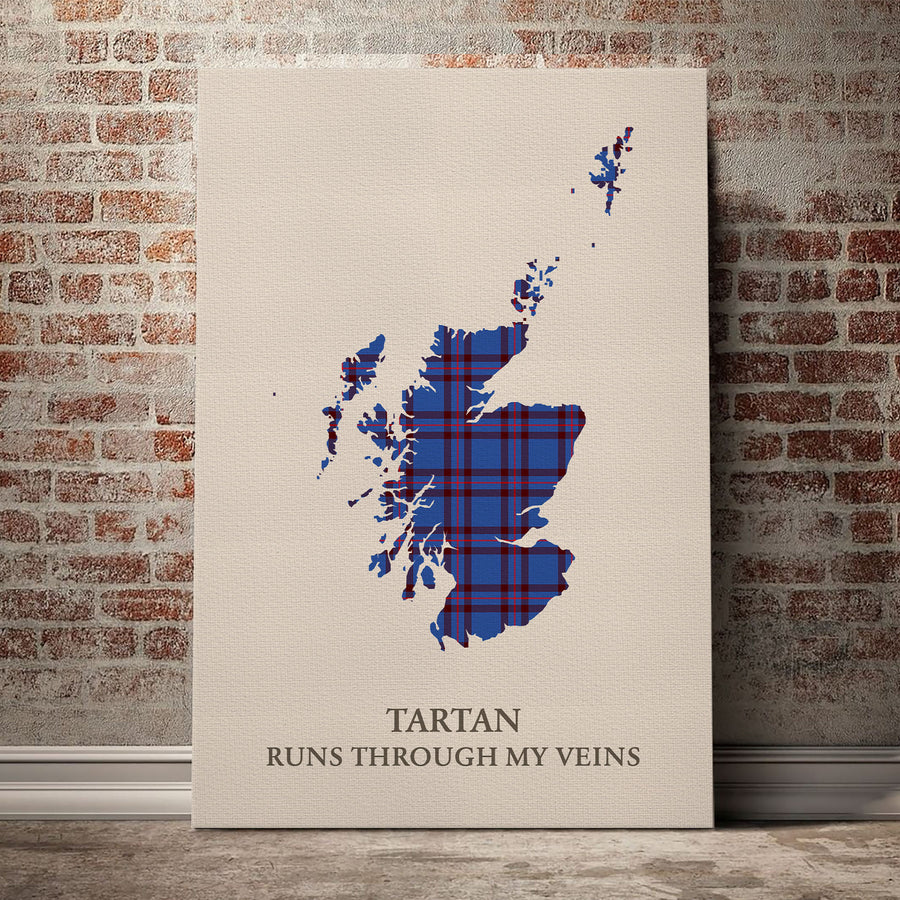Elliot Modern Tartan Scotland Map Canvas – “Tartan Runs Through My Veins” Wall Art