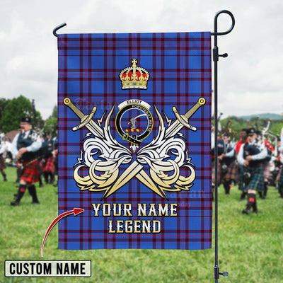 Custom Name Clan Elliot Modern Tartan Garden Flag with Clan Crest and the Golden Sword of Courageous Legacy