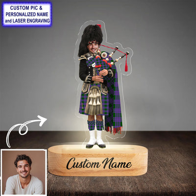 Custom Bagpipe Elphinstone Tartan LED Night Light - Personalized Scottish Bagpiper Figurine with Wooden Stand YQ36