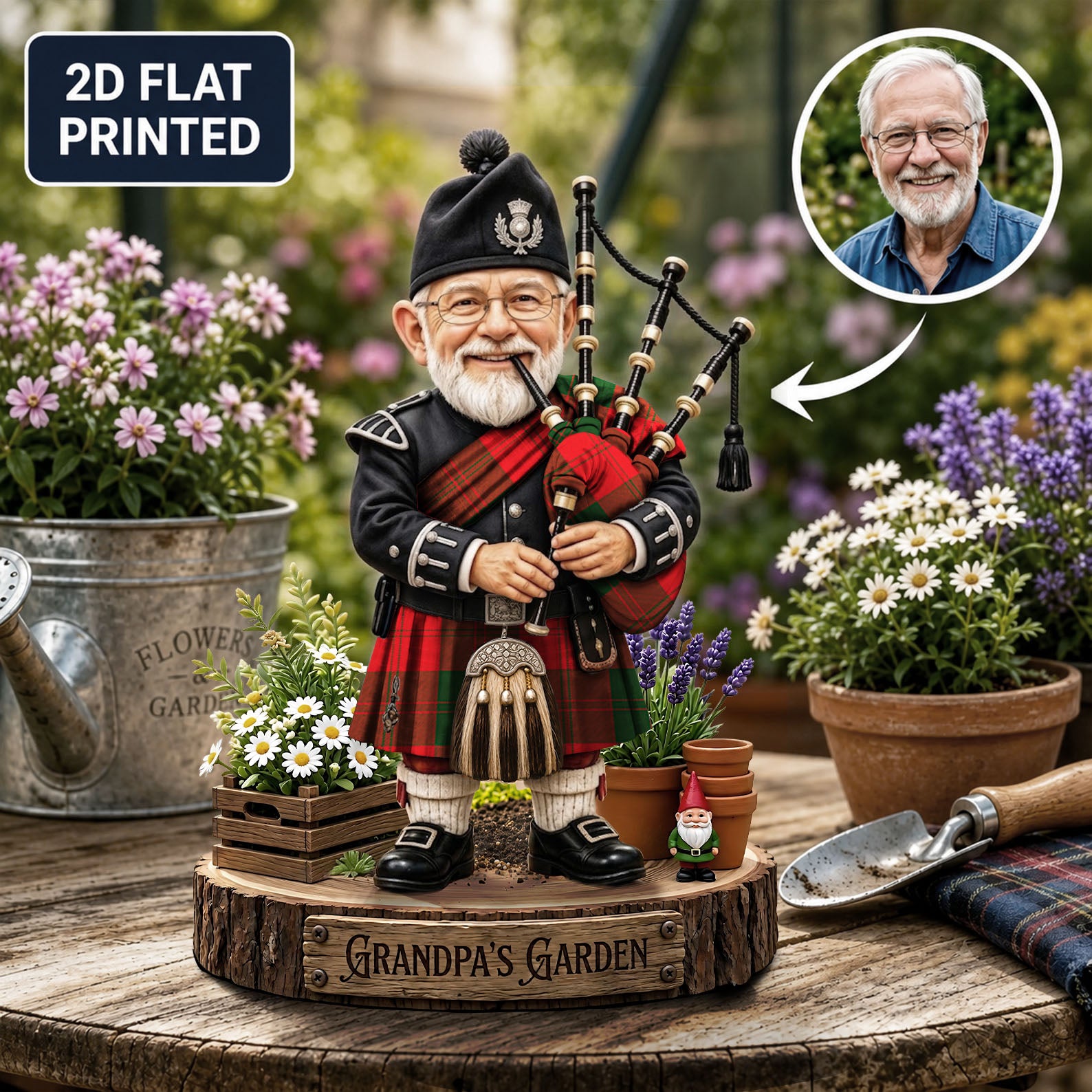 Personalized Erskine Modern Clan Bagpipe Garden Gnome Caricature Plaque Custom Photo, Any Clan Tartan, Wood or Acrylic, Grandpa & Dad Gift, Scottish Highland Garden Decor KT96