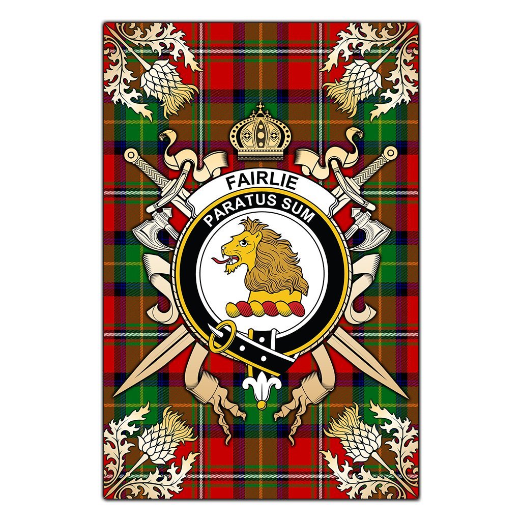 Clan Fairlie Modern Tartan Crest Black Garden Flag  - Gold Thistle  YW54 Clan Fairlie Tartan Today   