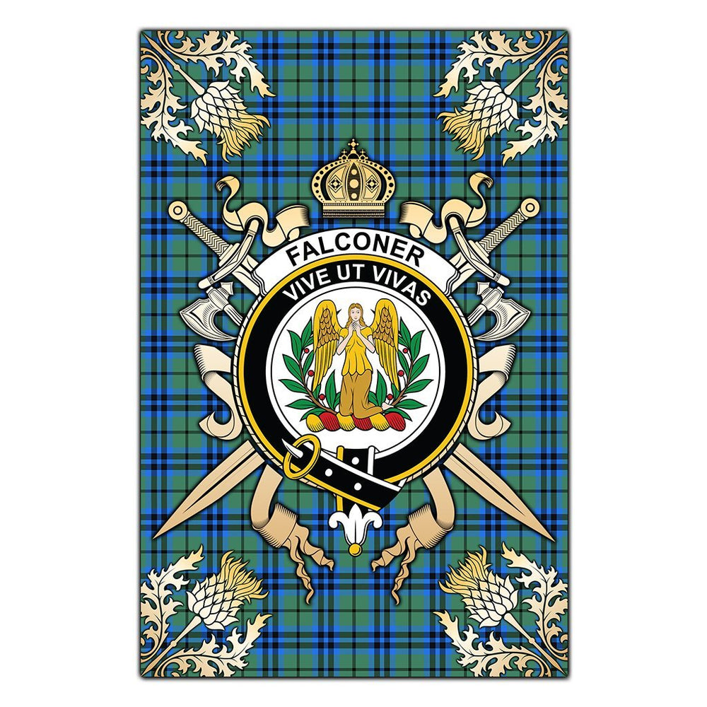 Clan Falconer Tartan Crest Black Garden Flag  - Gold Thistle  TV46 Clan Falconer Tartan Today   