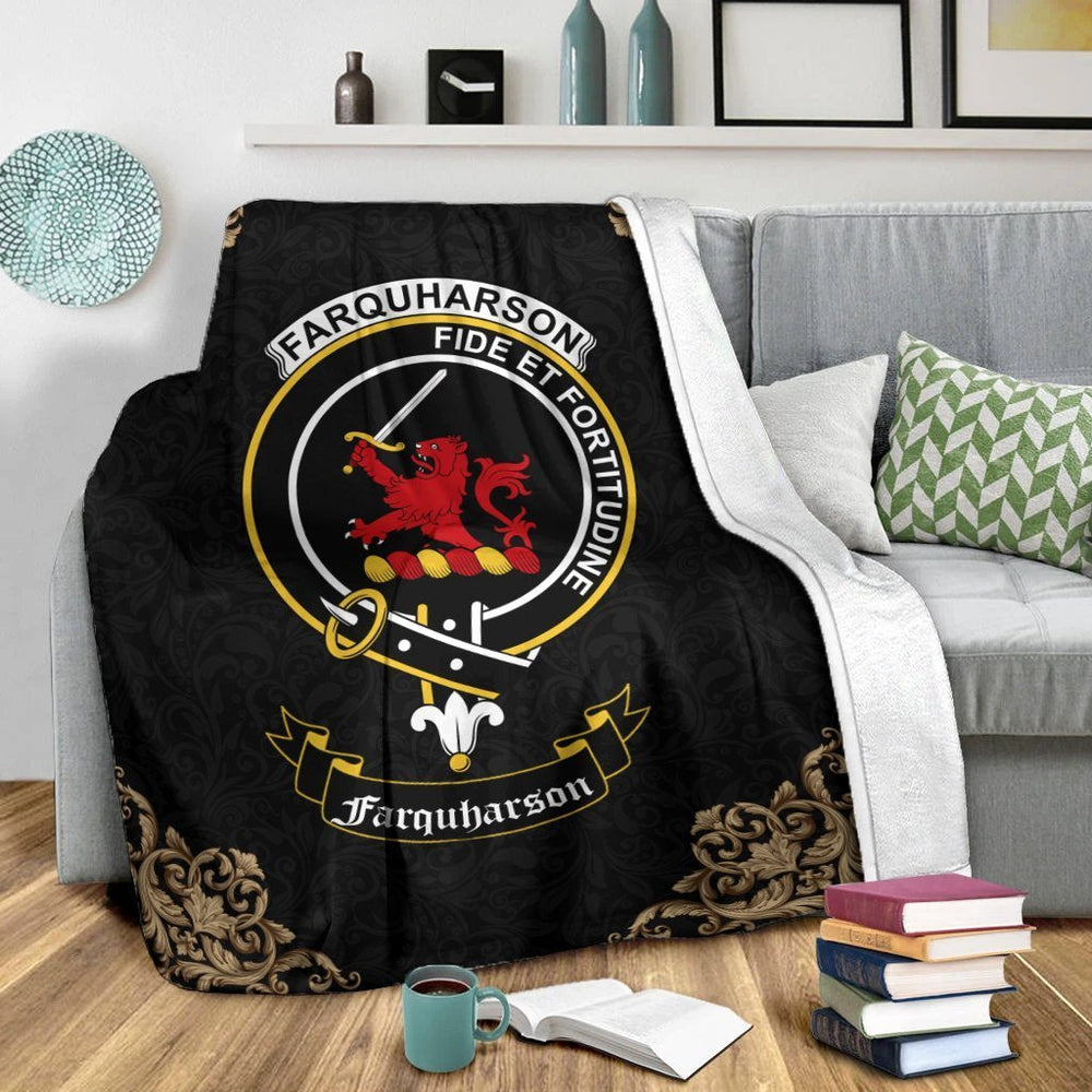 Clan Farquharson Crest Tartan Premium Blanket Black NX23 Clan Farquharson Tartan Today   