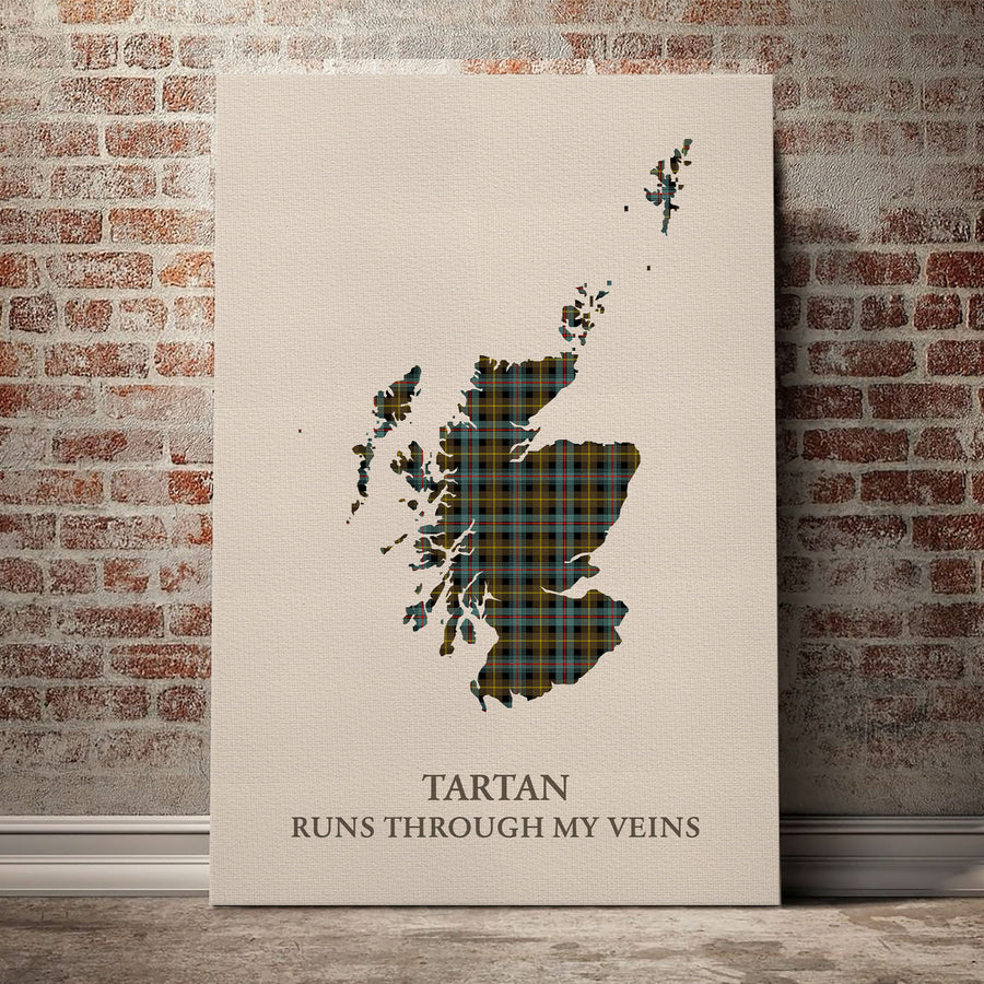 Farquharson Weathered  Tartan Scotland Map Canvas – “Tartan Runs Through My Veins” Wall Art