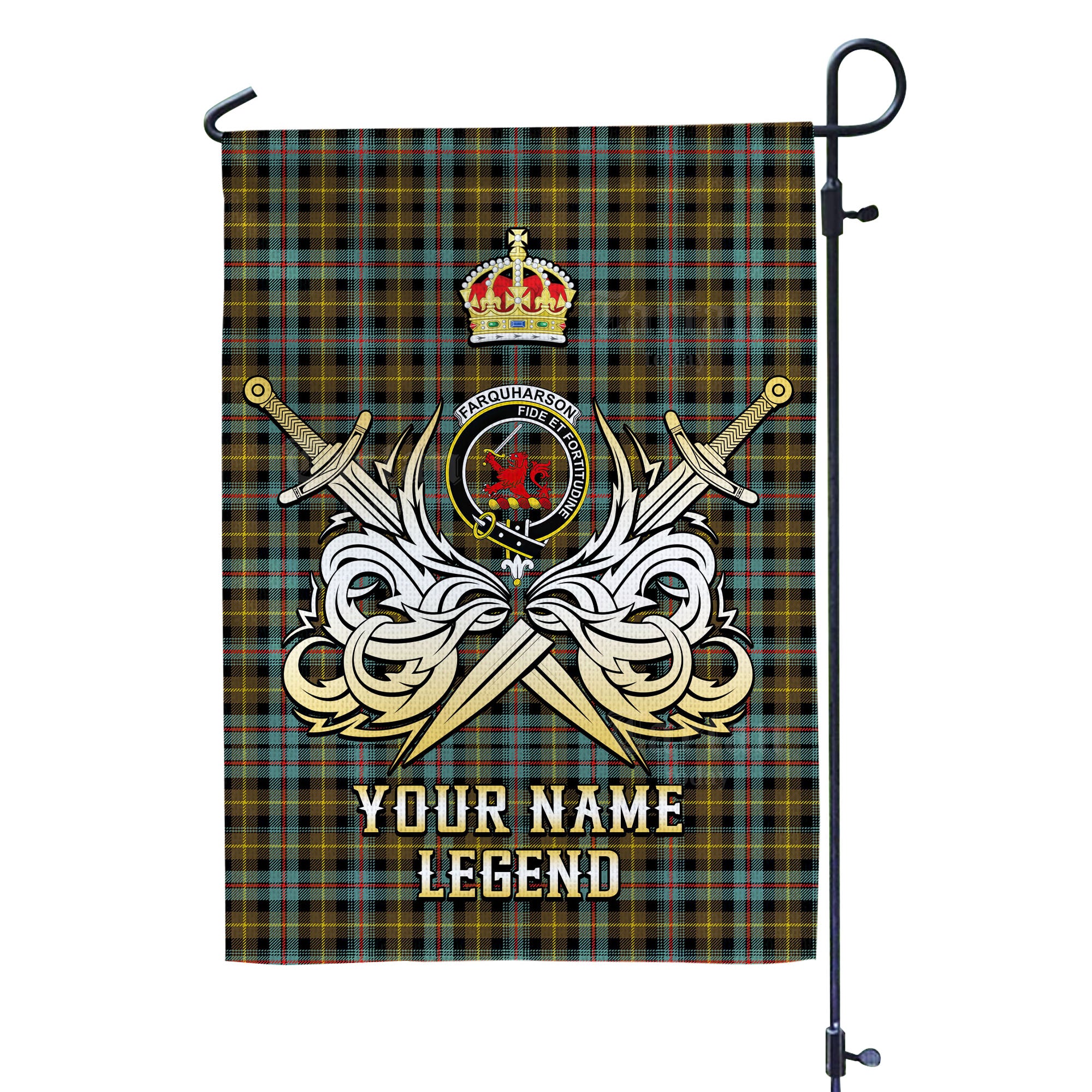 Custom Name Clan Farquharson Weathered Tartan Garden Flag with Clan Crest and the Golden Sword of Courageous Legacy MT45