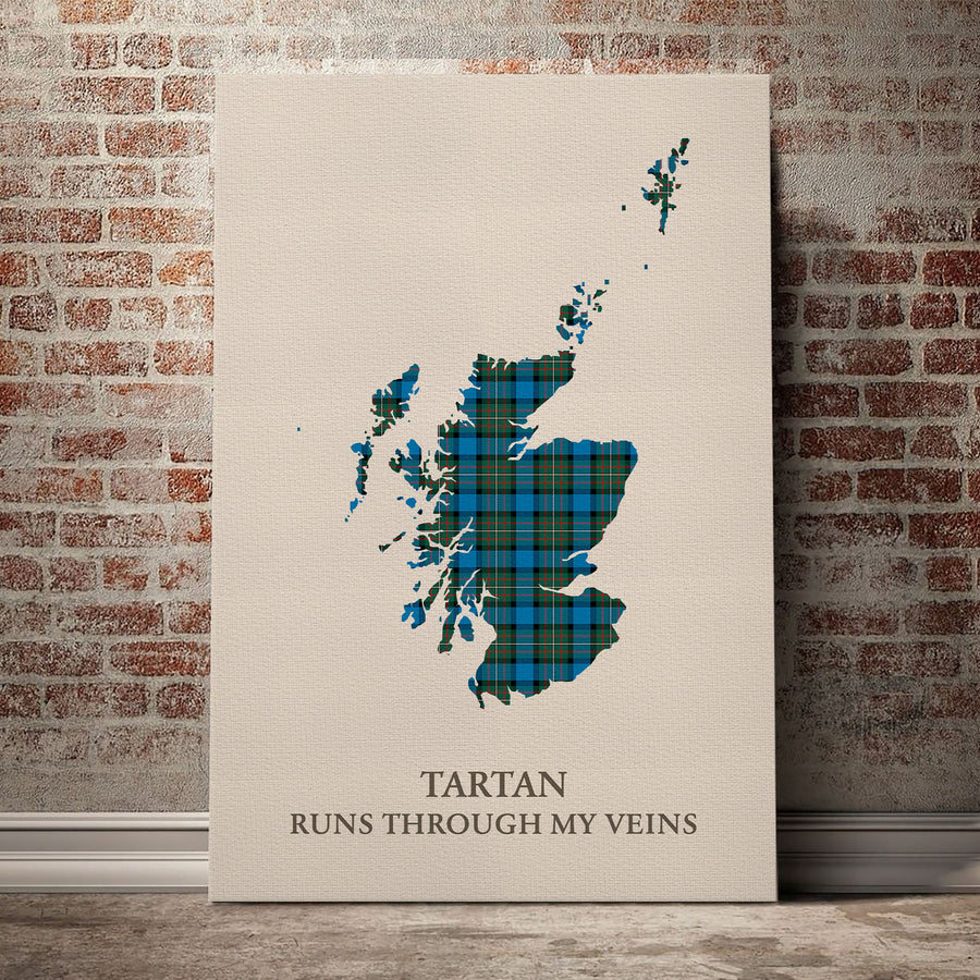 Fergusson Ancient Tartan Scotland Map Canvas – “Tartan Runs Through My Veins” Wall Art