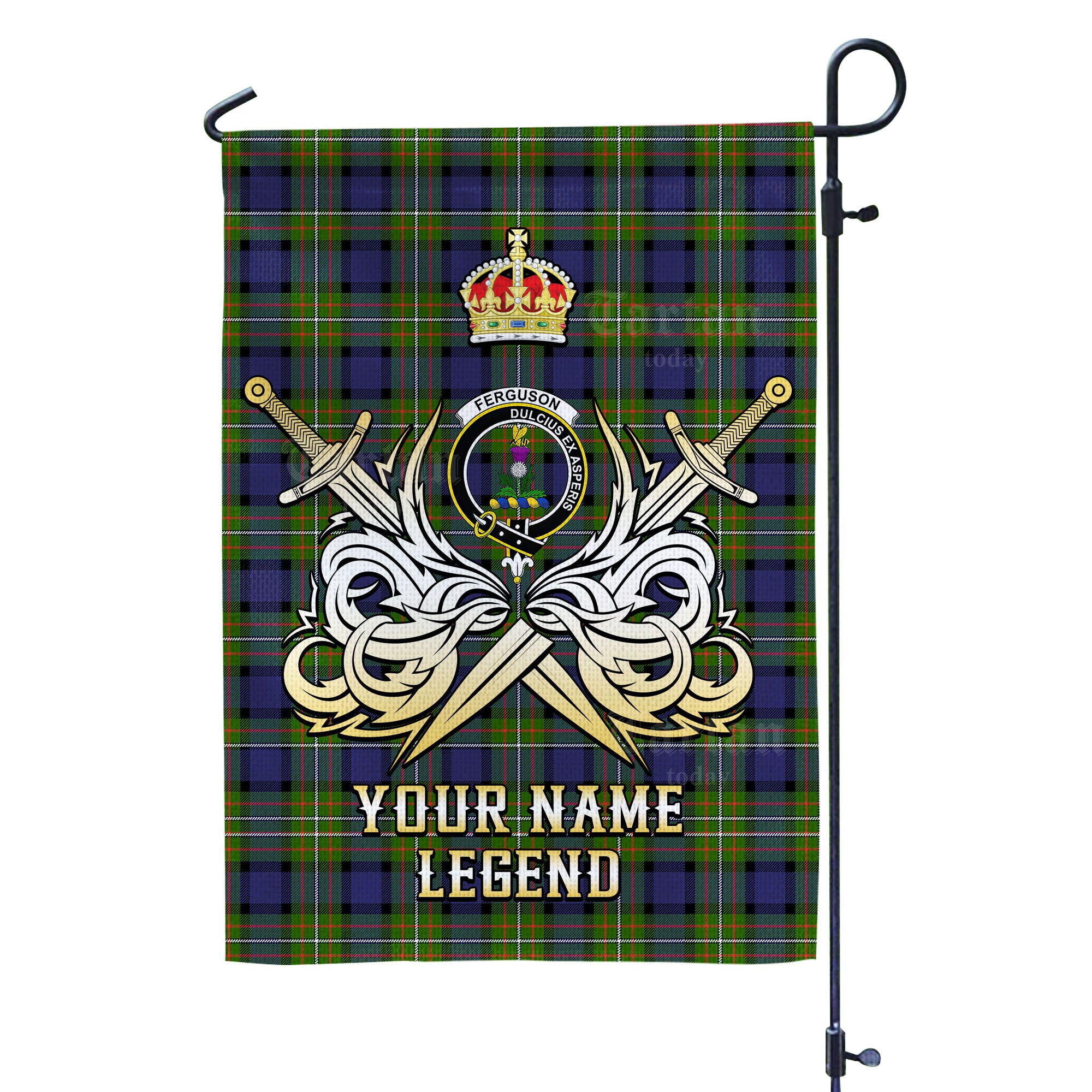 Custom Name Clan Fergusson Modern Tartan Garden Flag with Clan Crest and the Golden Sword of Courageous Legacy LU94
