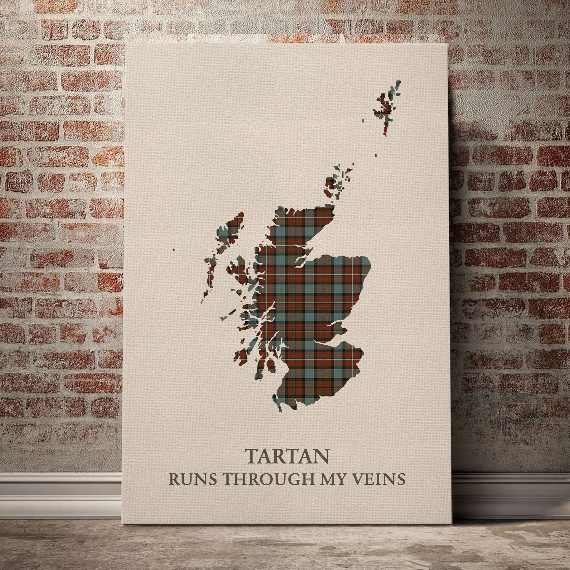 Fergusson Weathered Tartan Scotland Map Canvas – “Tartan Runs Through My Veins” Wall Art