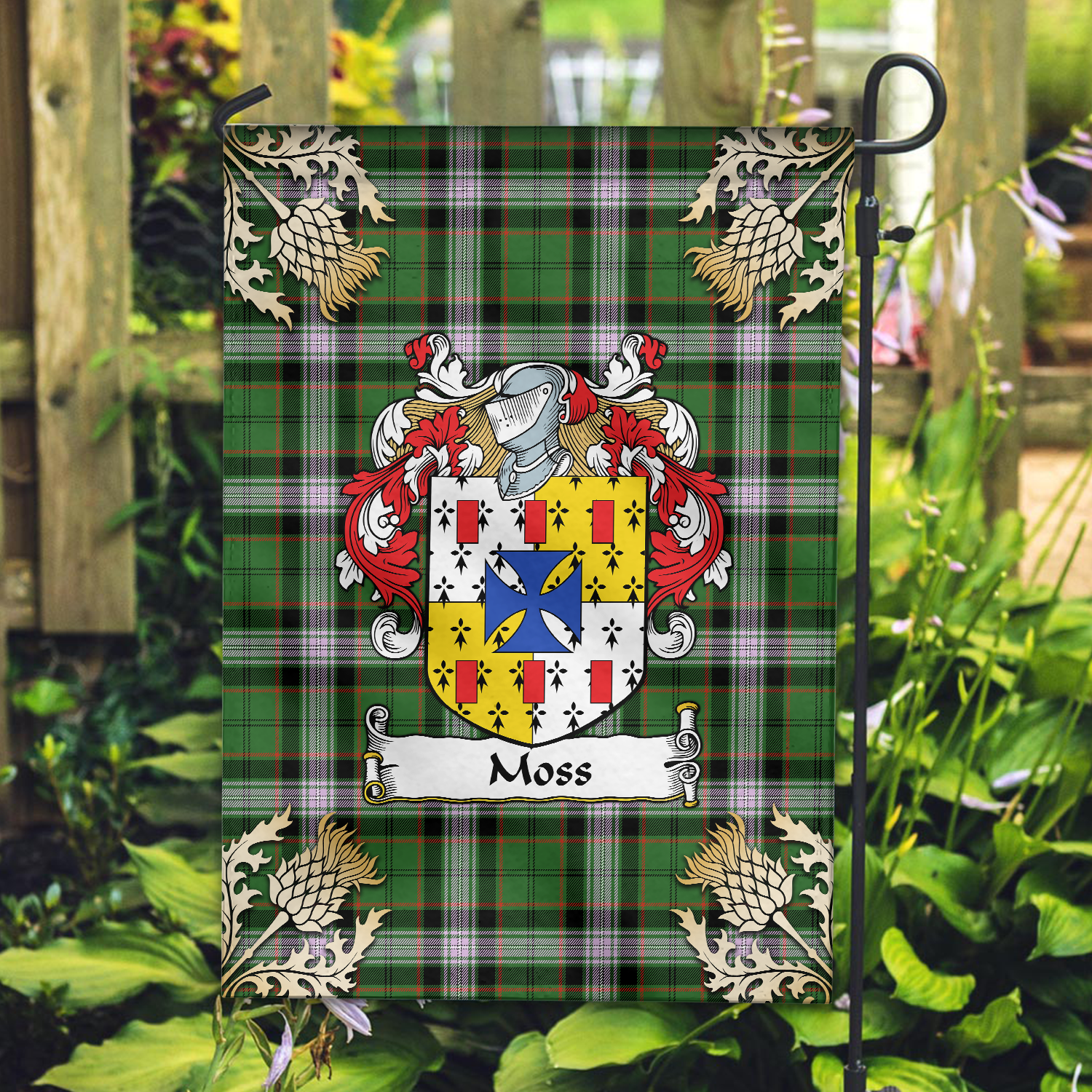 Clan Moss Tartan Crest Black Garden Flag  - Gold Thistle  DK59 Clan Garden Tartan Today   