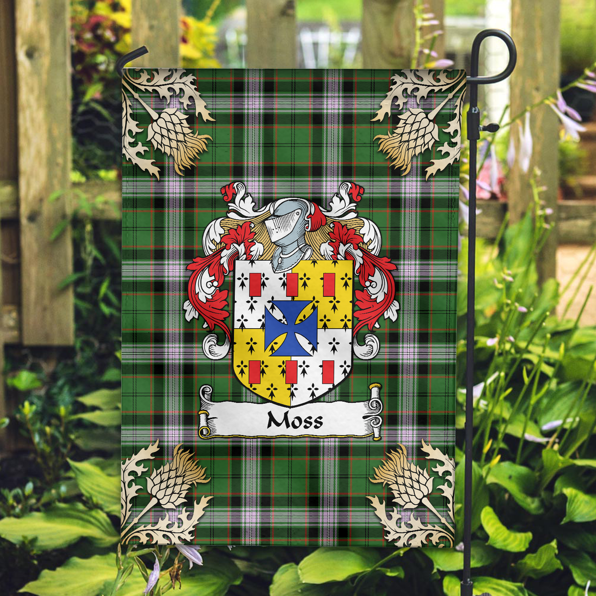 Clan Moss Tartan Crest Black Garden Flag  - Gold Thistle  DK59 Clan Garden Tartan Today   