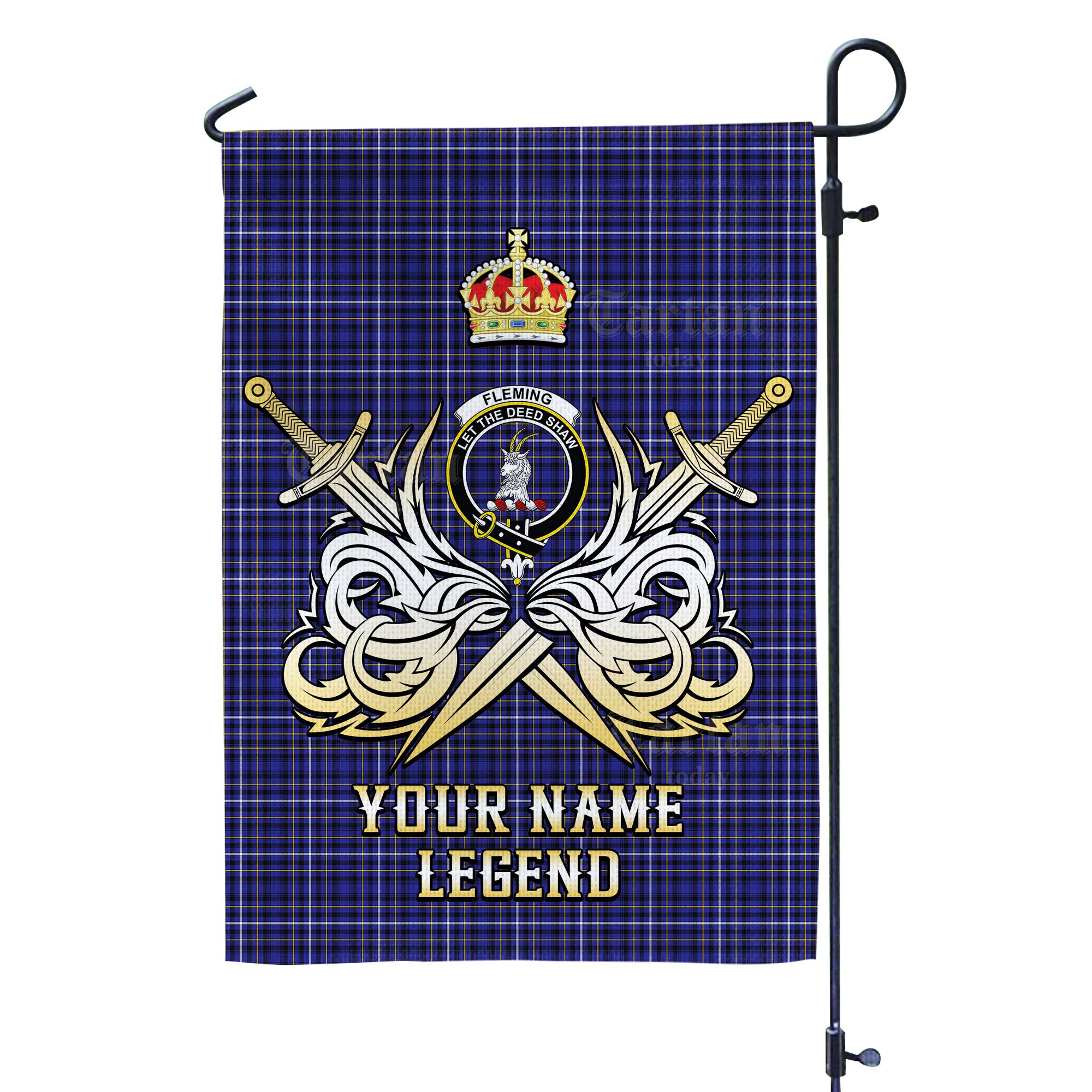 Custom Name Clan Fleming Tartan Garden Flag with Clan Crest and the Golden Sword of Courageous Legacy JH11
