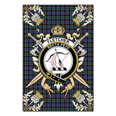 Clan Fletcher Modern Tartan Crest Black Garden Flag - Gold Thistle HI19