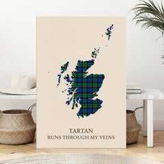 Clan Fletcher Ancient Tartan Scotland Map Canvas “Tartan Runs Through My Veins” Wall Art XH61