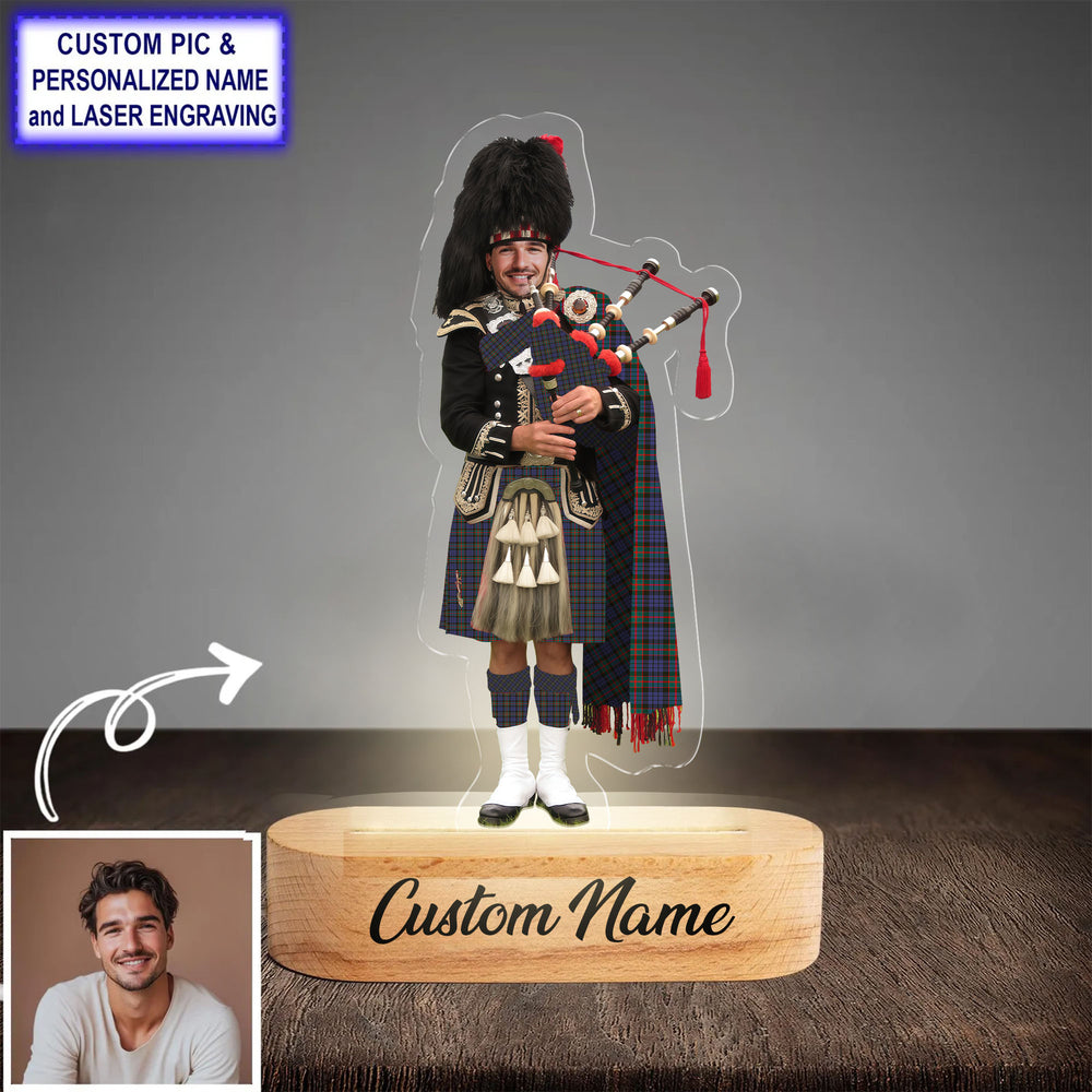 Custom Bagpipe Fletcher of Dunans Tartan LED Night Light - Personalized Scottish Bagpiper Figurine with Wooden Stand